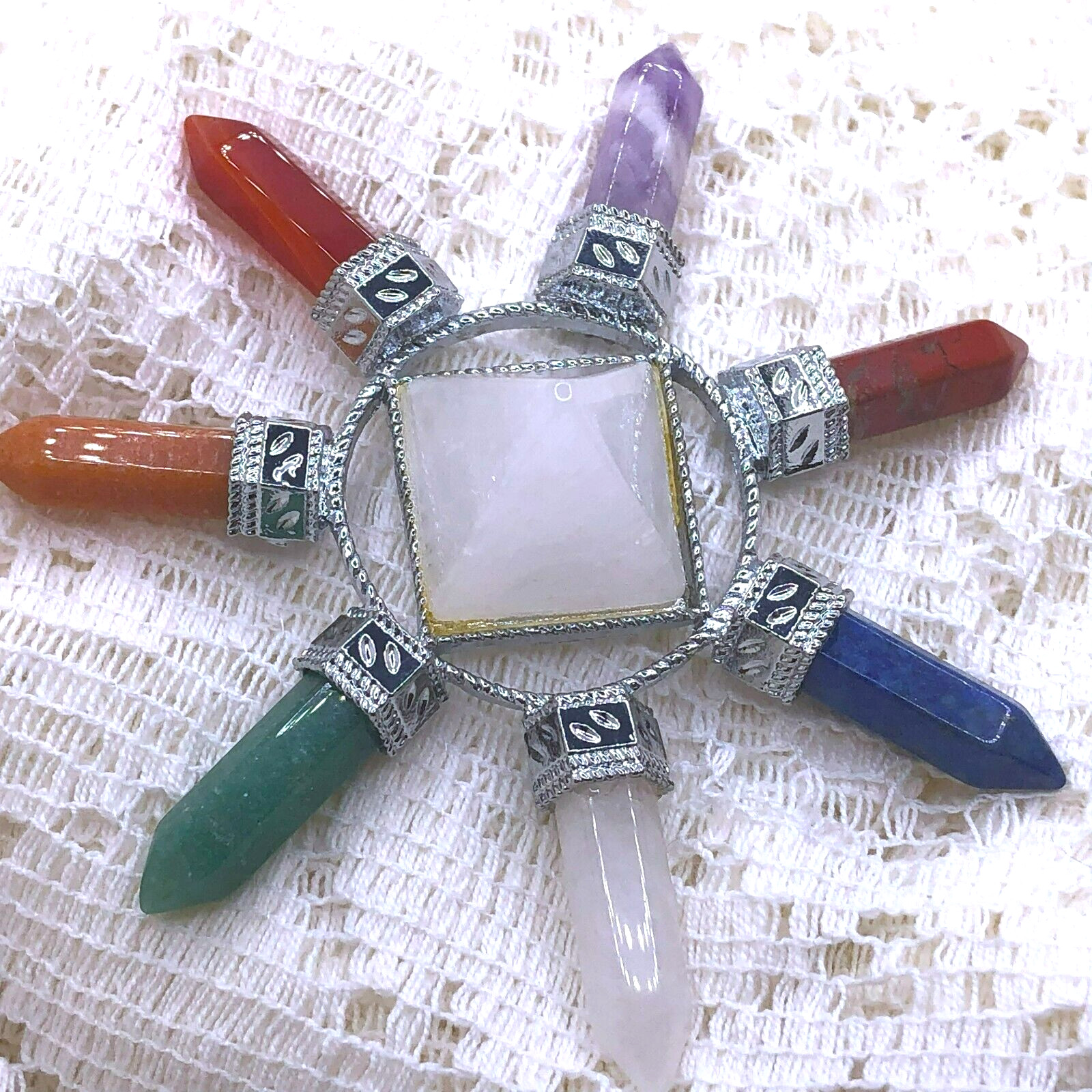 SEVEN CHAKRA STONES -Obelisks with Pyramid Center – ALTAR CENTERPIECE – Wicca 05