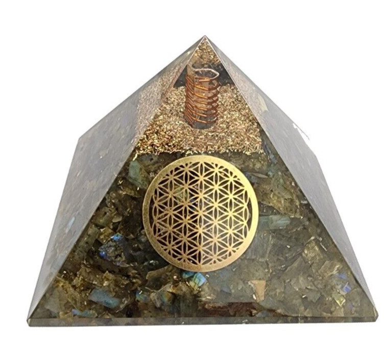 Labradorite Orgone Pyramid – Tree of Life Decal – Copper Coil & Bits – Healing