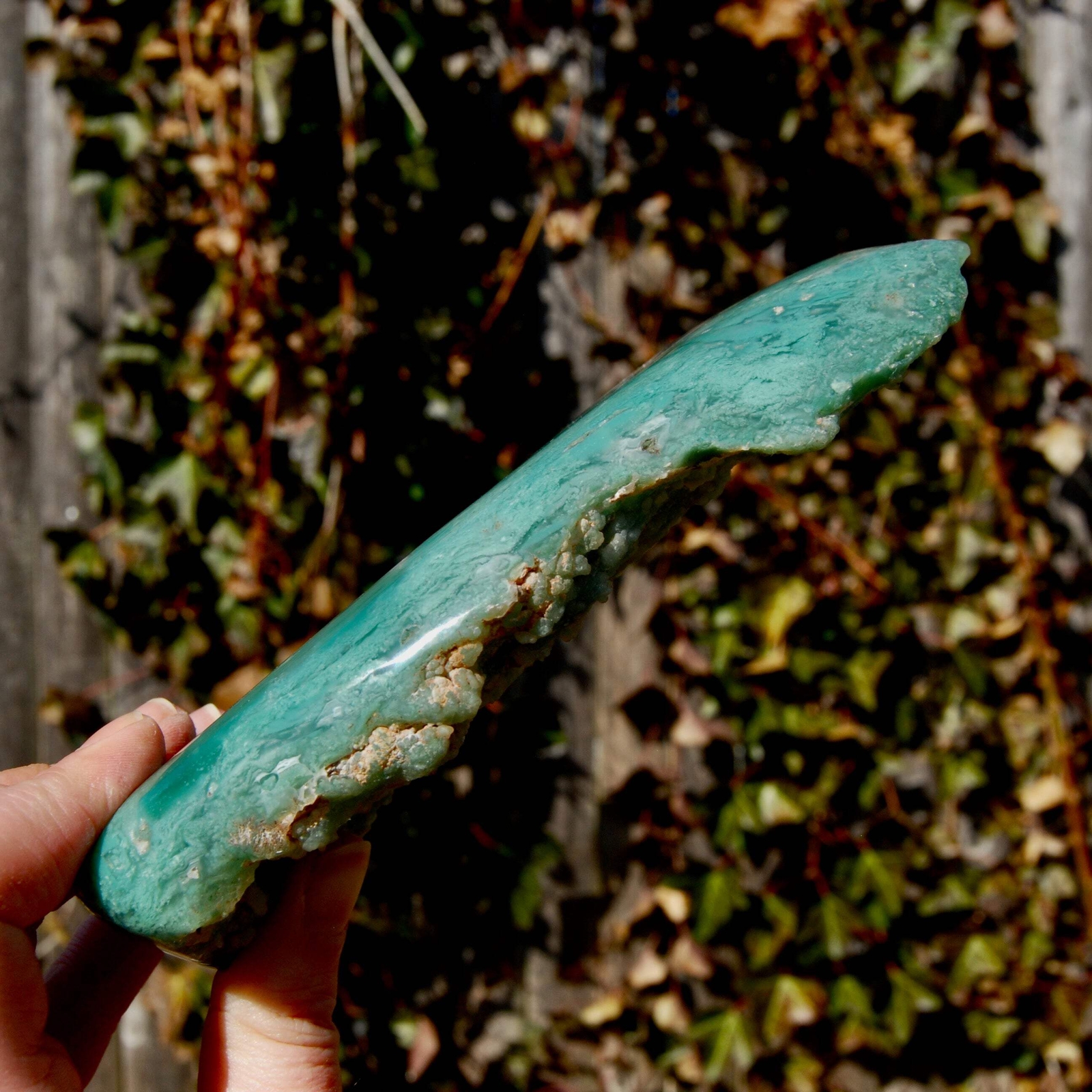 6.75in 436g XL Mtorolite Chrome Chalcedony Crystal Slice, Zimbabwe mtl6