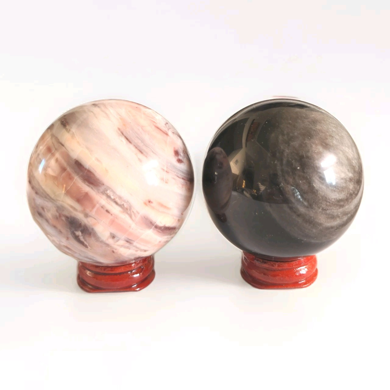 Lot Of 2 Silver Obsidian & Pink W Gray Banded Agate 2.5″ Spheres – USA
