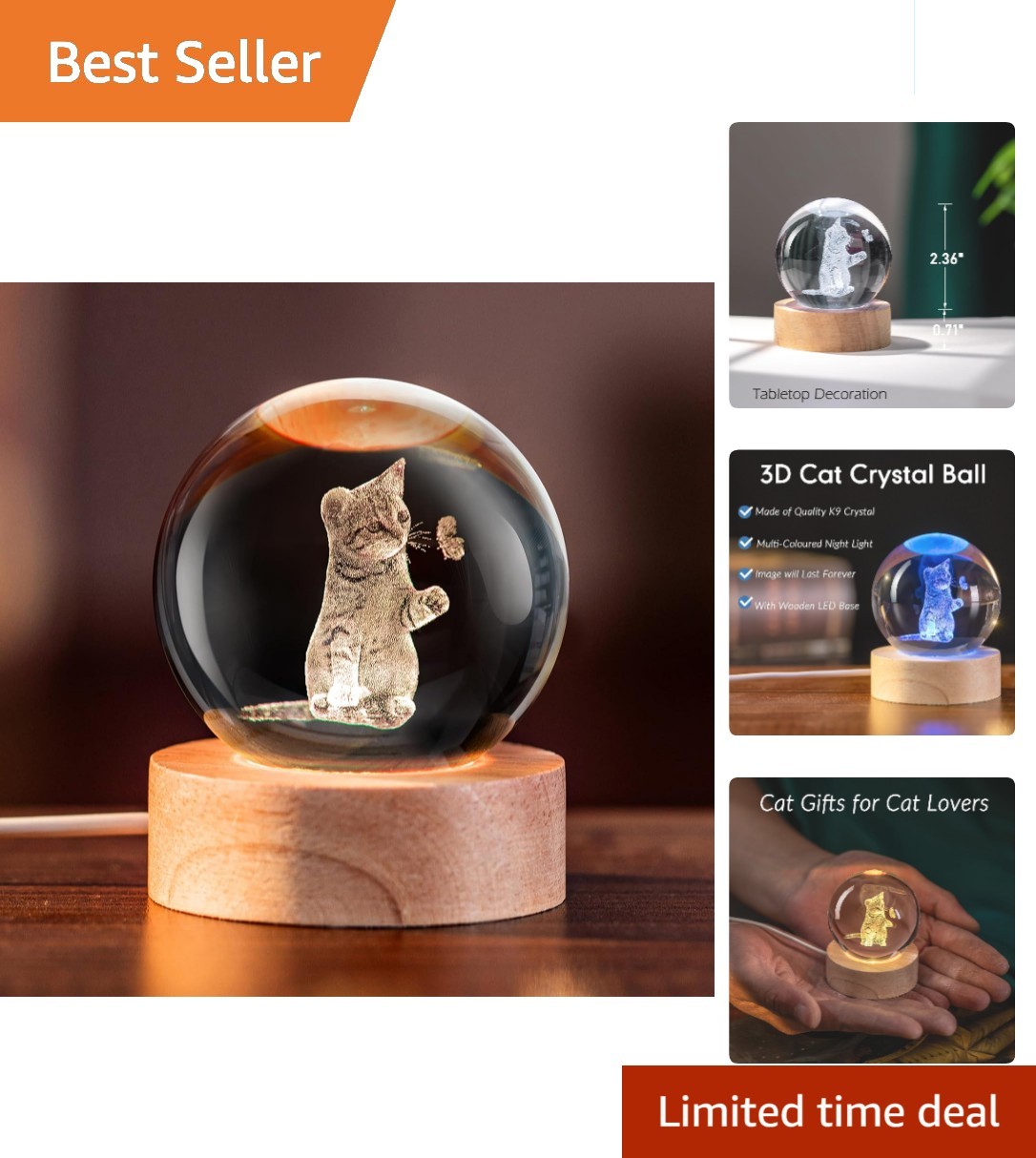 Elegant 3D Cat Crystal Ball with Touch Control – Perfect Gift for Cat Lovers