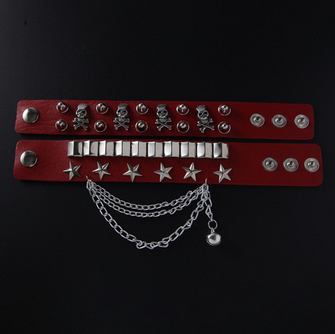 Fashionable wide leather domineering skeleton rivet punk street dance bracelet