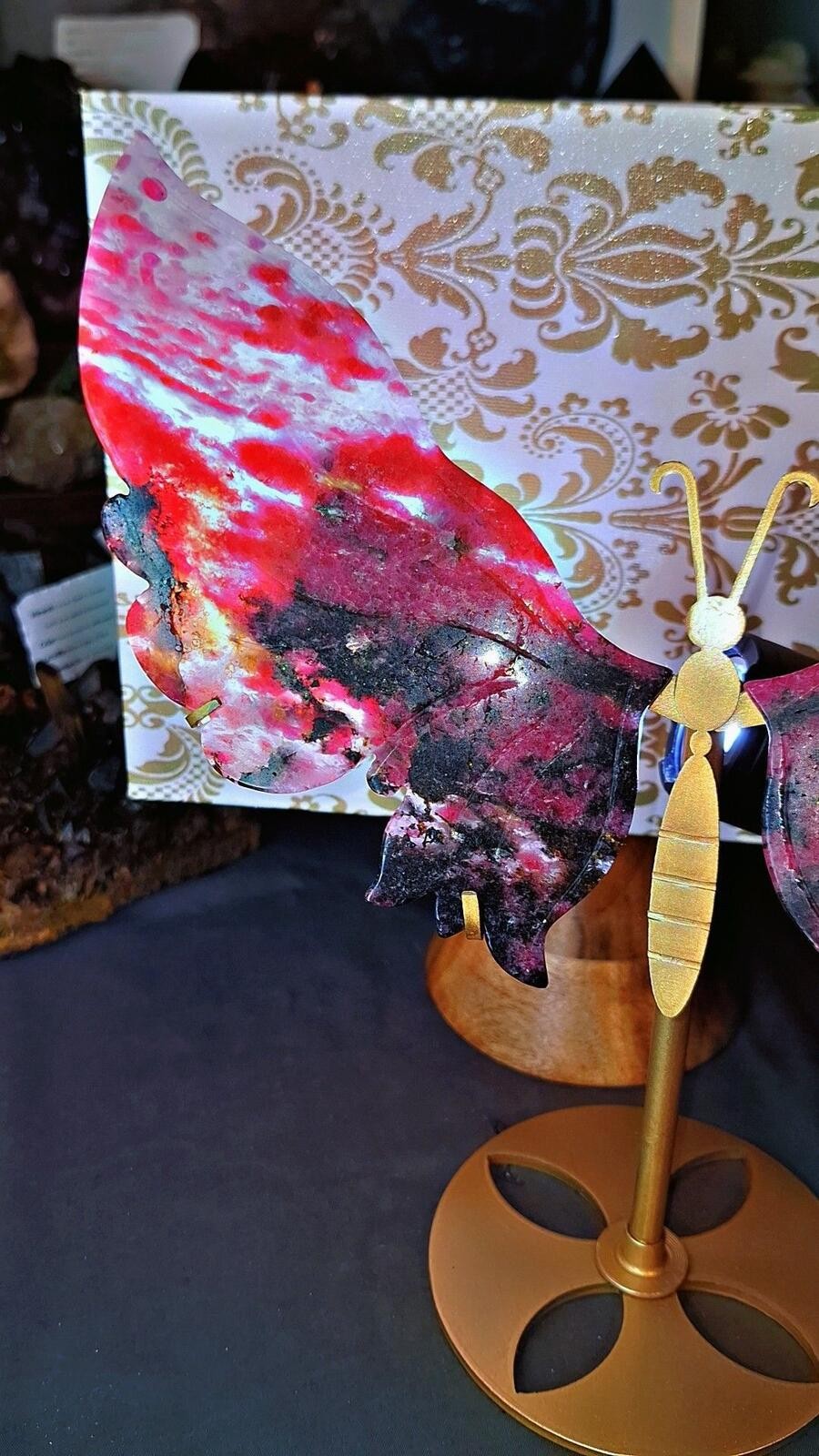 Ice Rhodonite Butterfly Wings with Stand