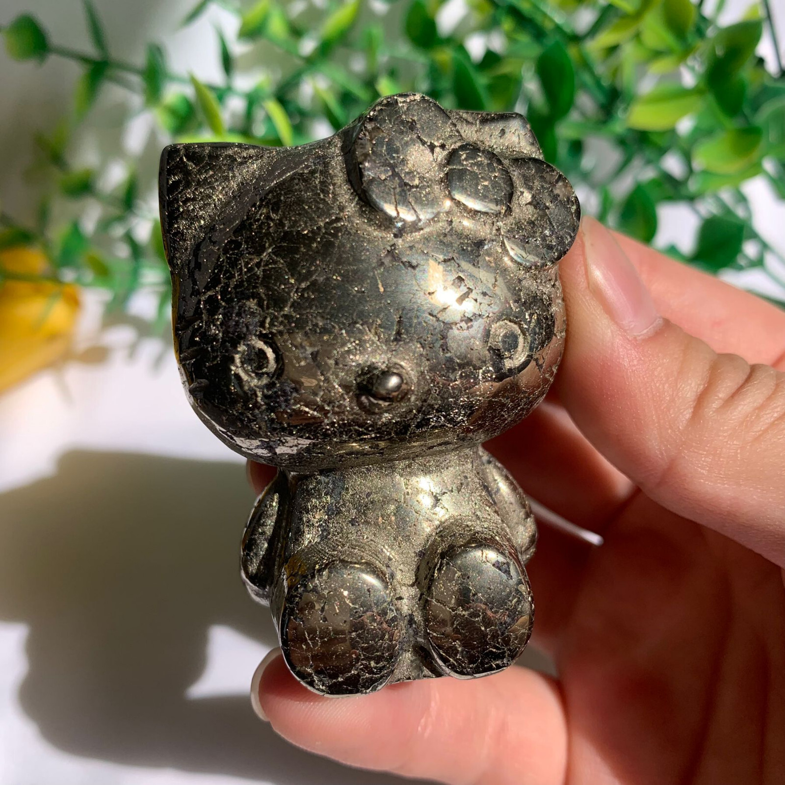 213g Pyrite Stone Hello Kitty Cat Carving Quartz Crystal Specimen Polished