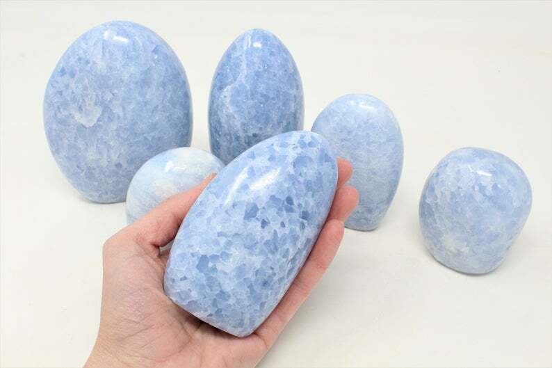 Blue Calcite Polished Freeform, Large Free Standing Cut Base, Specimens