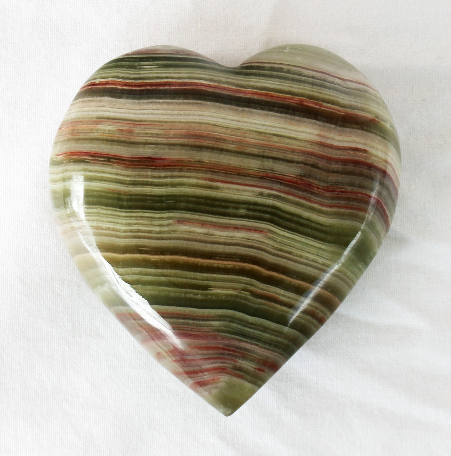 Green and brown banded onyx heart polished paperweight 3″ x 3″