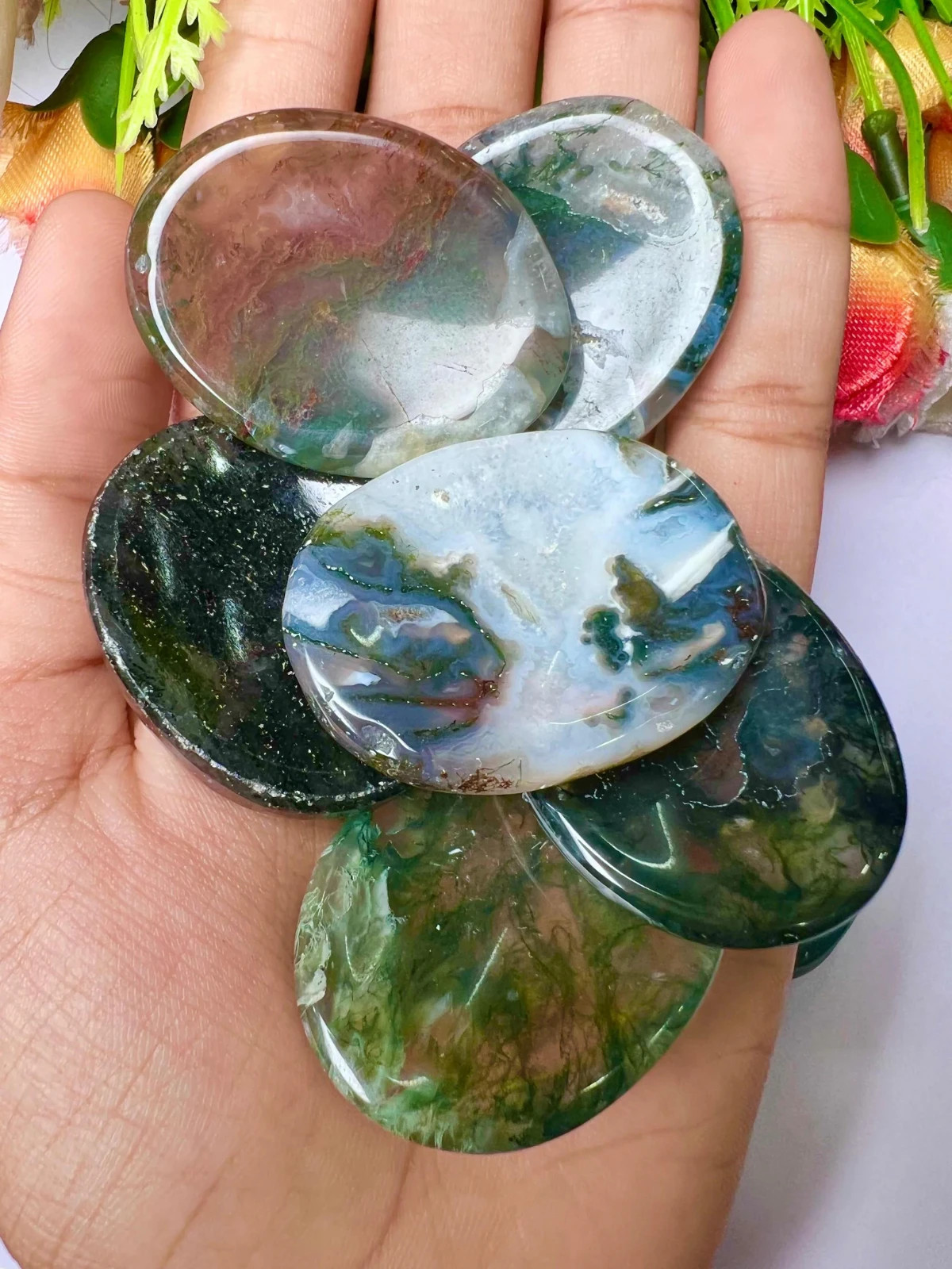 Genuine AAA Moss Agate Worry Stone Green Thumb Healing Crystal Meditation Tool