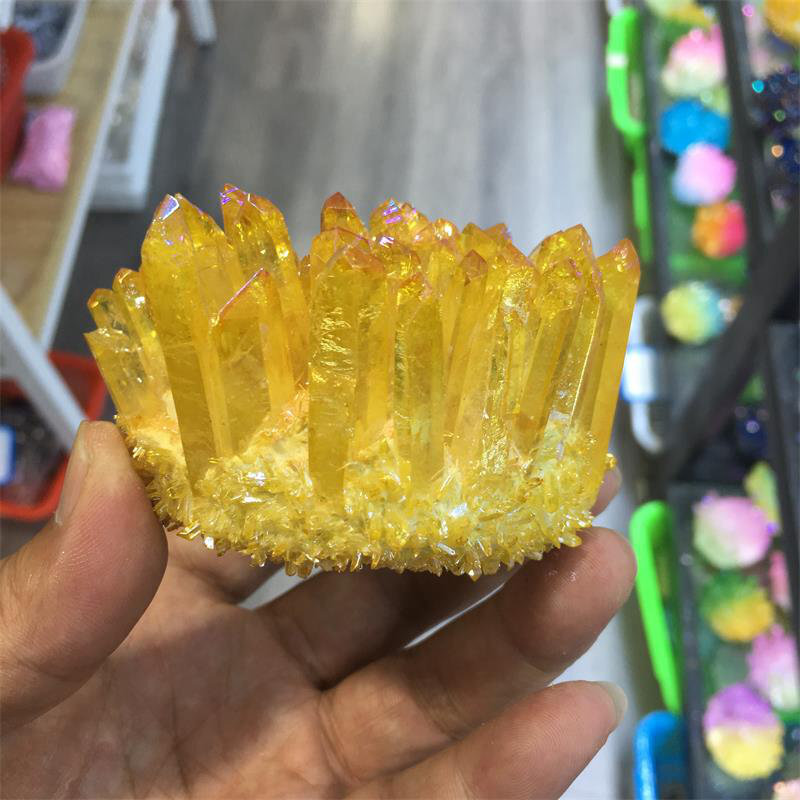5Pcs Natural Angel Aura Yellow Titanium Gemstone Quartz Crystal Cluster Specimen