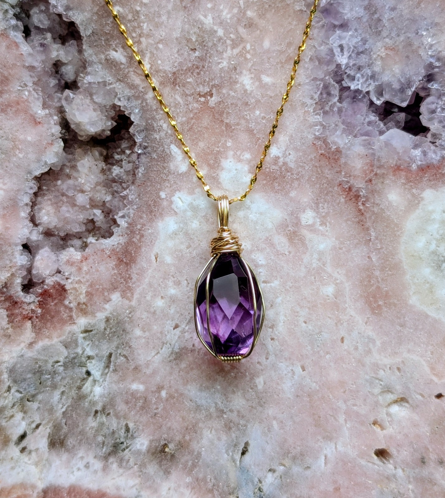 Amethyst Necklace 19 Inch Faceted Wire-wrapped Teardrop 925