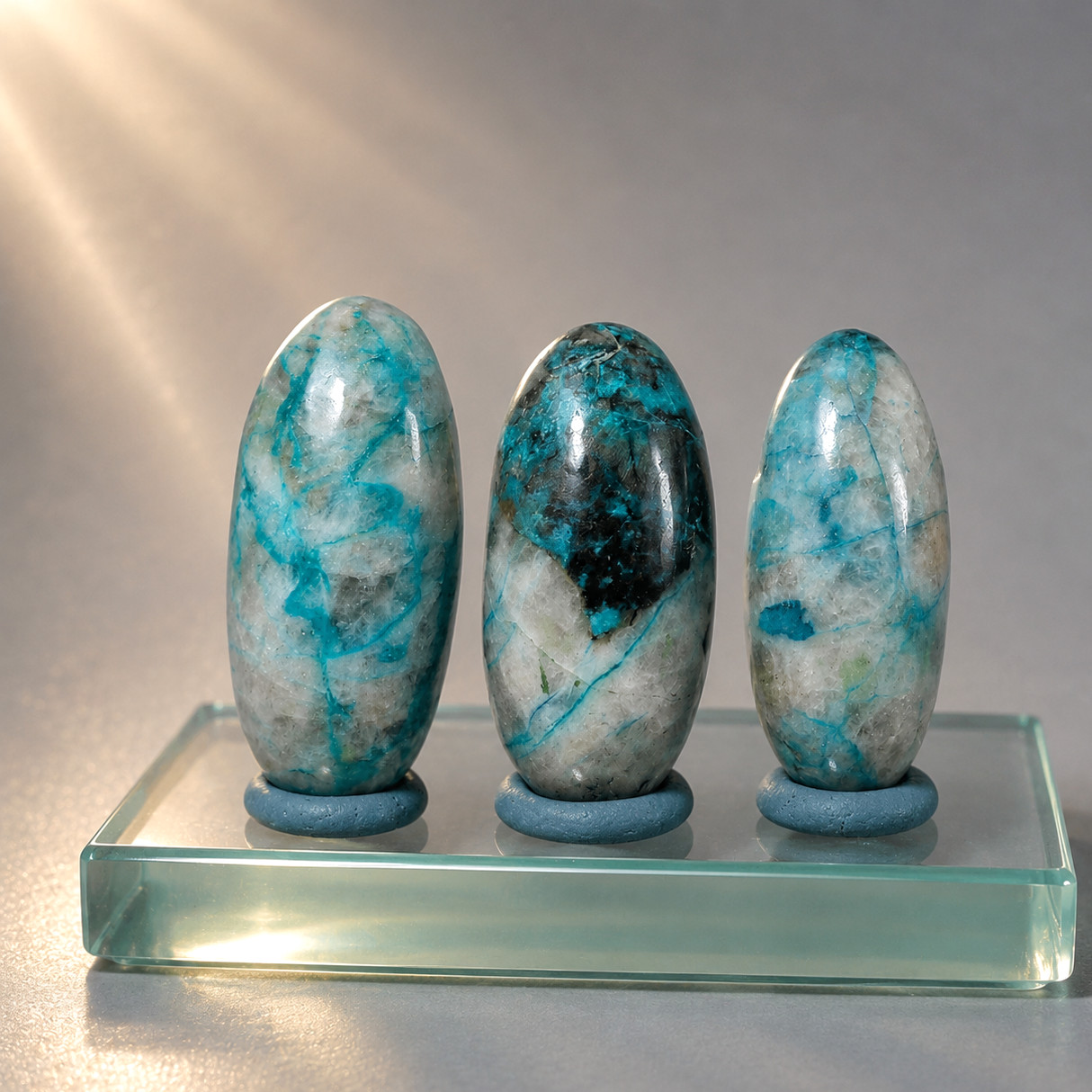 3 PC Natural Azurite Shattuckite Shiva Lingam Set—Oceanic Collector Crystal Trio