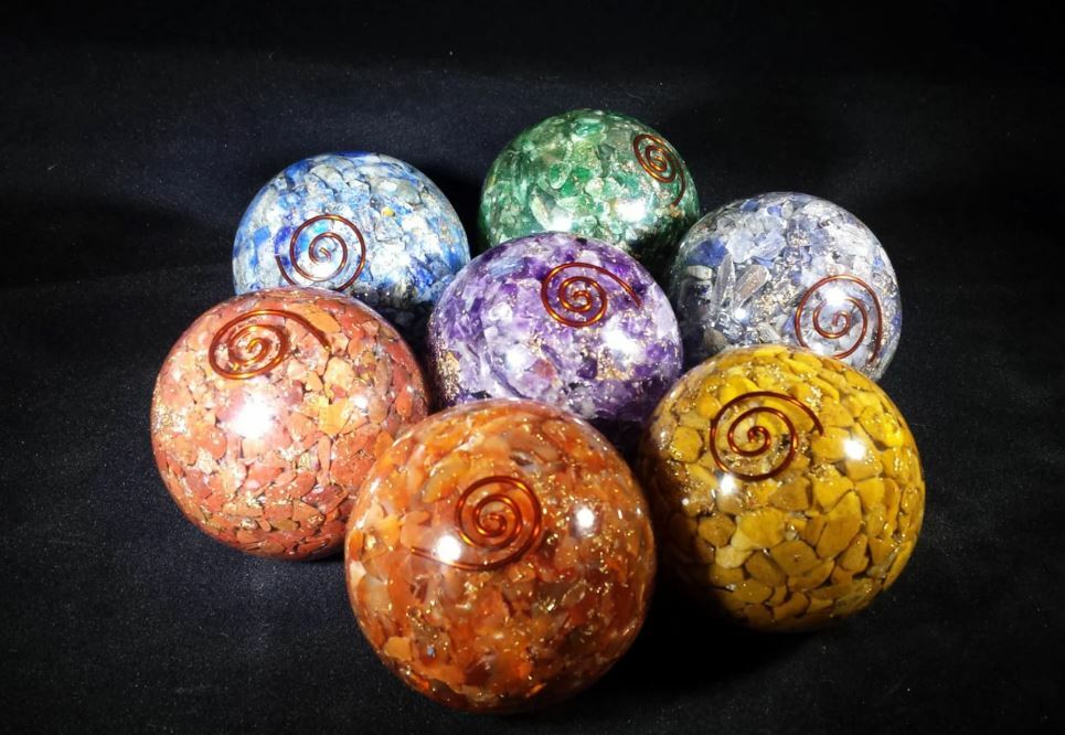 LARGE (60-70mm) 7 CHAKRA COMPLETE ORGONE GEMSTONE SPHERE SET ORGONITE SPHERE