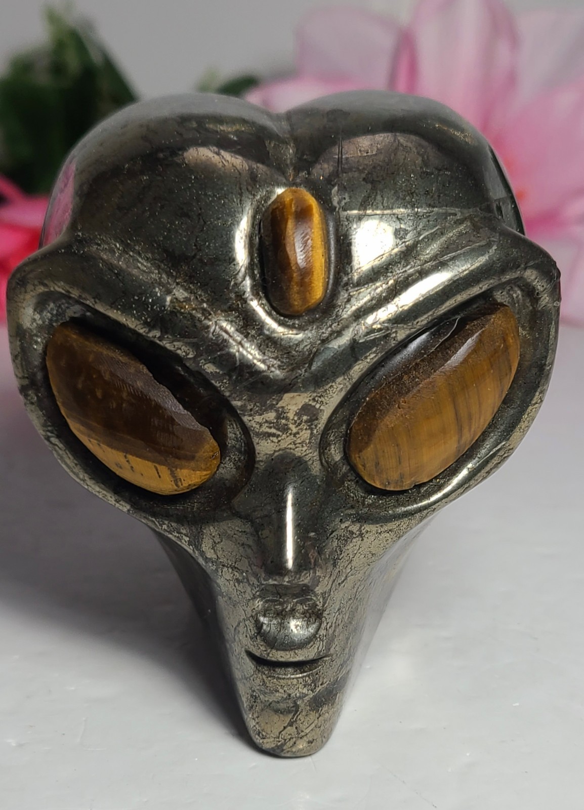 3″ 2 lbs Gold Pyrite Stone Alien Head Skull Tiger Eyes Crystal Stone Carving
