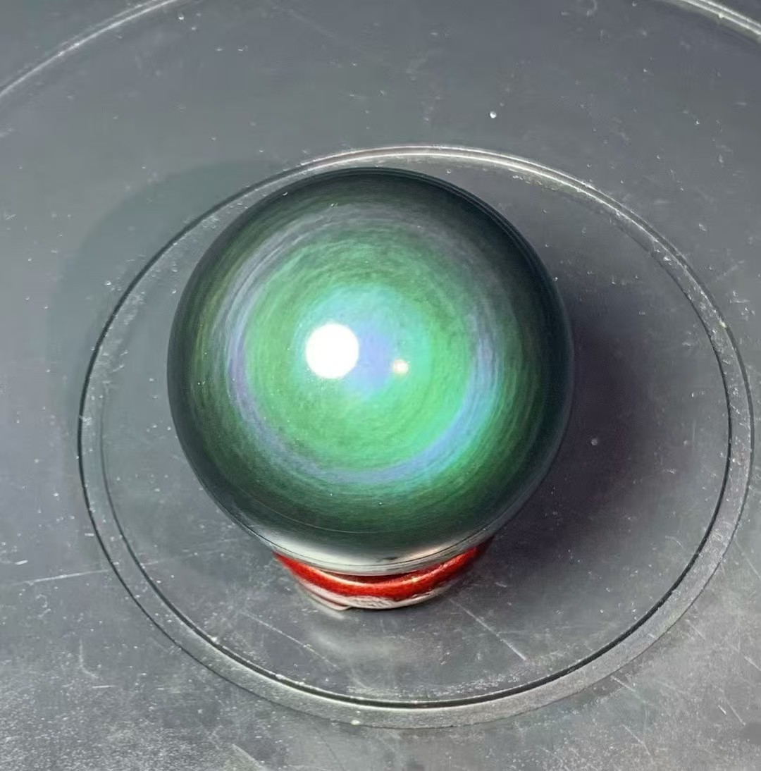 Natural Obsidian Sphere with Stand, Green Rainbow Ball for Home Decor