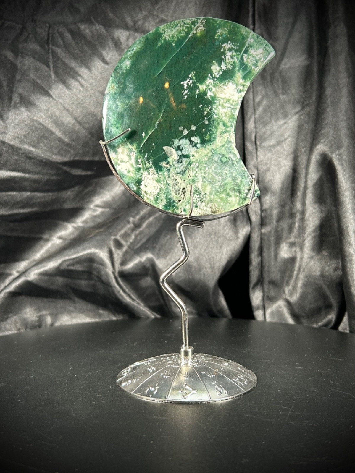 3.79″ Moss Agate Moon With Metal Stand 7.6oz (216 grams) Crystal Weight