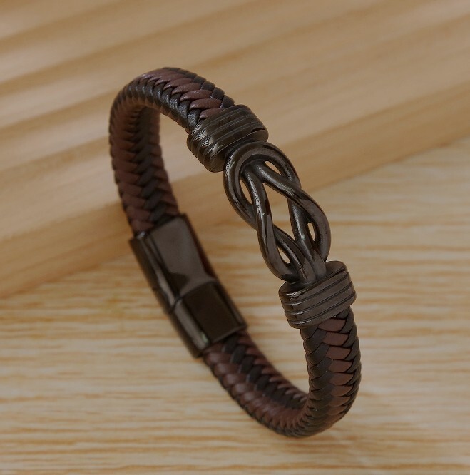 Men’s Leather Braided Silver Bracelet Wristband Stainless Steel Wrist Bangle