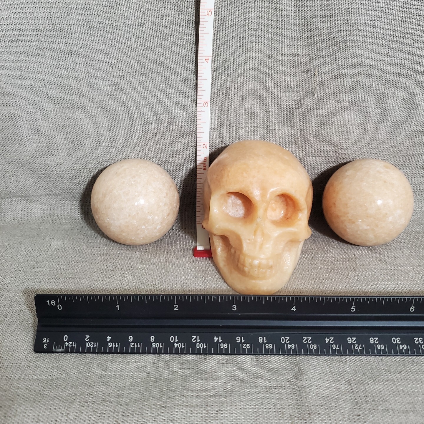 1.94 Lb 3 pcs Sunstone Skull with 2x Sunstone Spheres