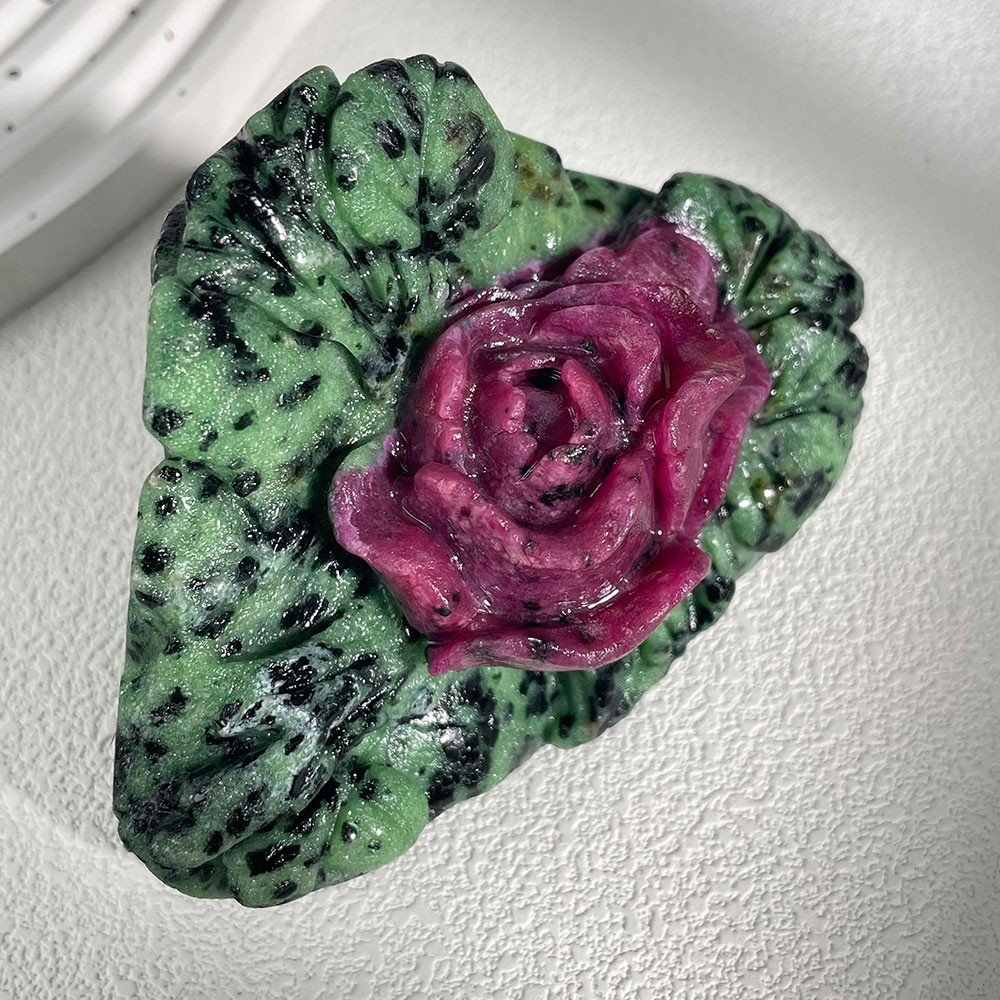 Natural Ruby in Zoisite Hand Carved Rose Flower Crystal Reiki Healing Stone 427g