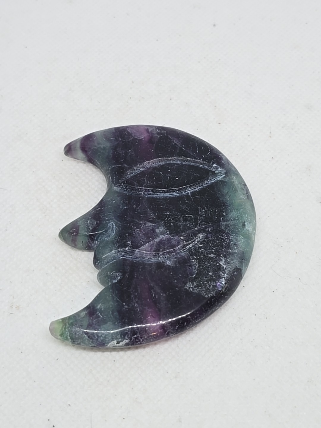 Rainbow Fluorite Hand Carved Moon With Face Polished Double Sided