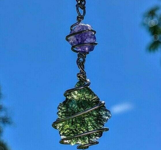 MOLDAVITE & TANZANITE Necklace Pendant Jewelry 925 Silver Meteorite Tektite