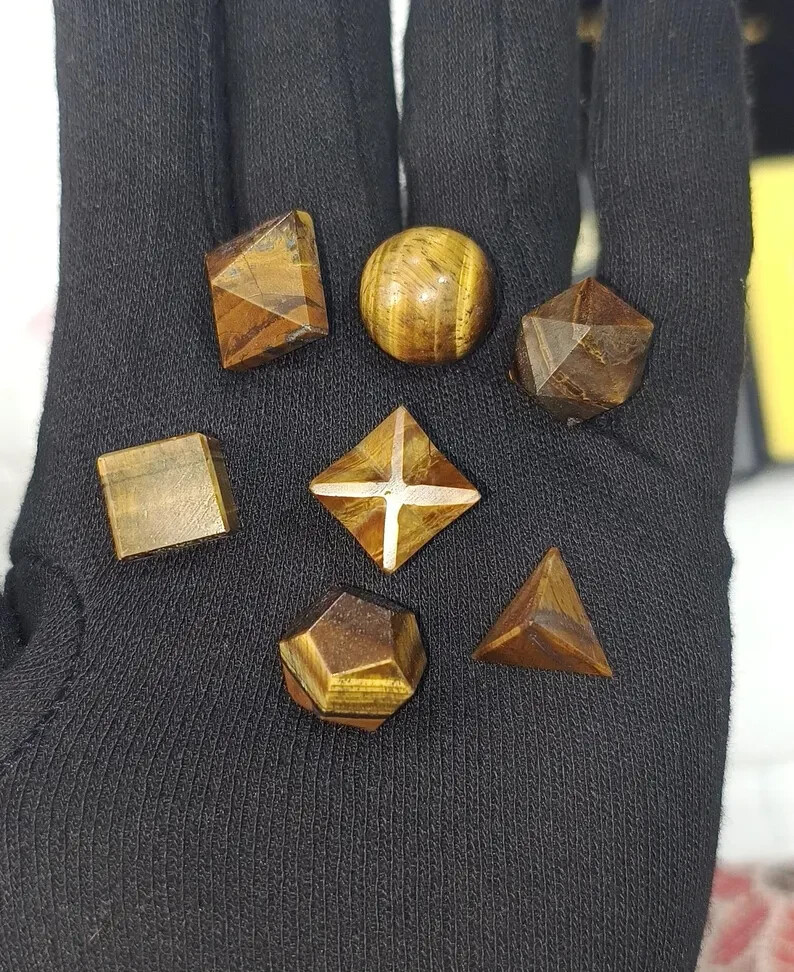 High-Quality Tiger Eye Platonic Solids Geometry Set 7 Pieces with Premium Box.