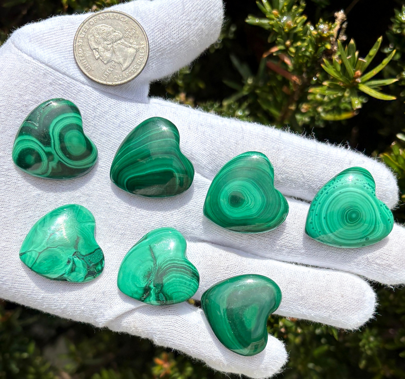 USA SALE 67g LOT 7 MALACHITE POLISHED SMALL HEARTS HEART POCKET PALMSTONE PALM
