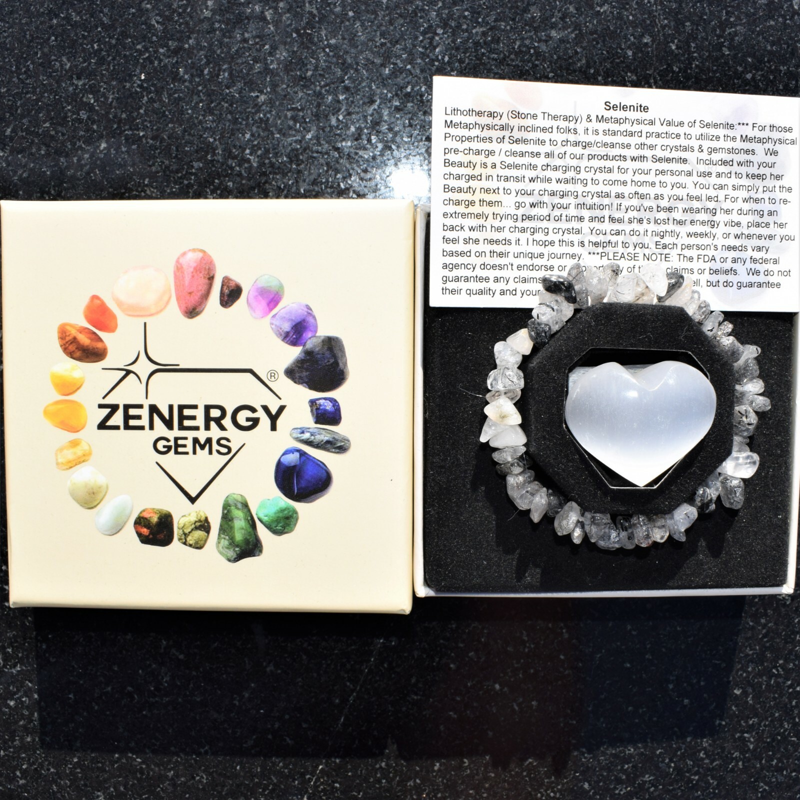 Charged Black Tourmalinated Quartz Crystal Bracelet + Selenite Puffy Heart
