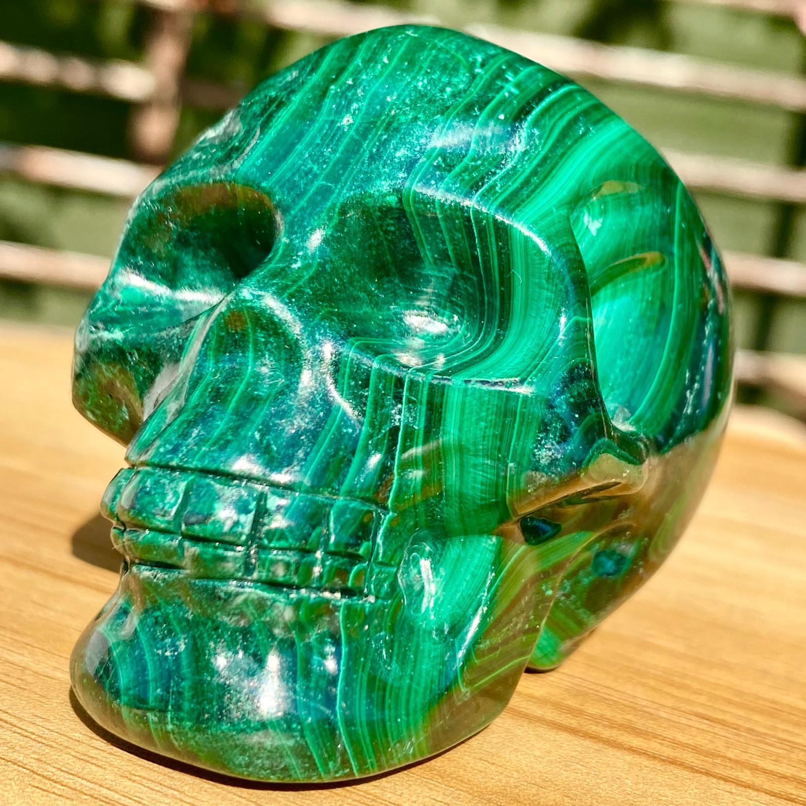391G Malachite Crystal Skull, Hand Carved Gemstone Fine Art Sculpture