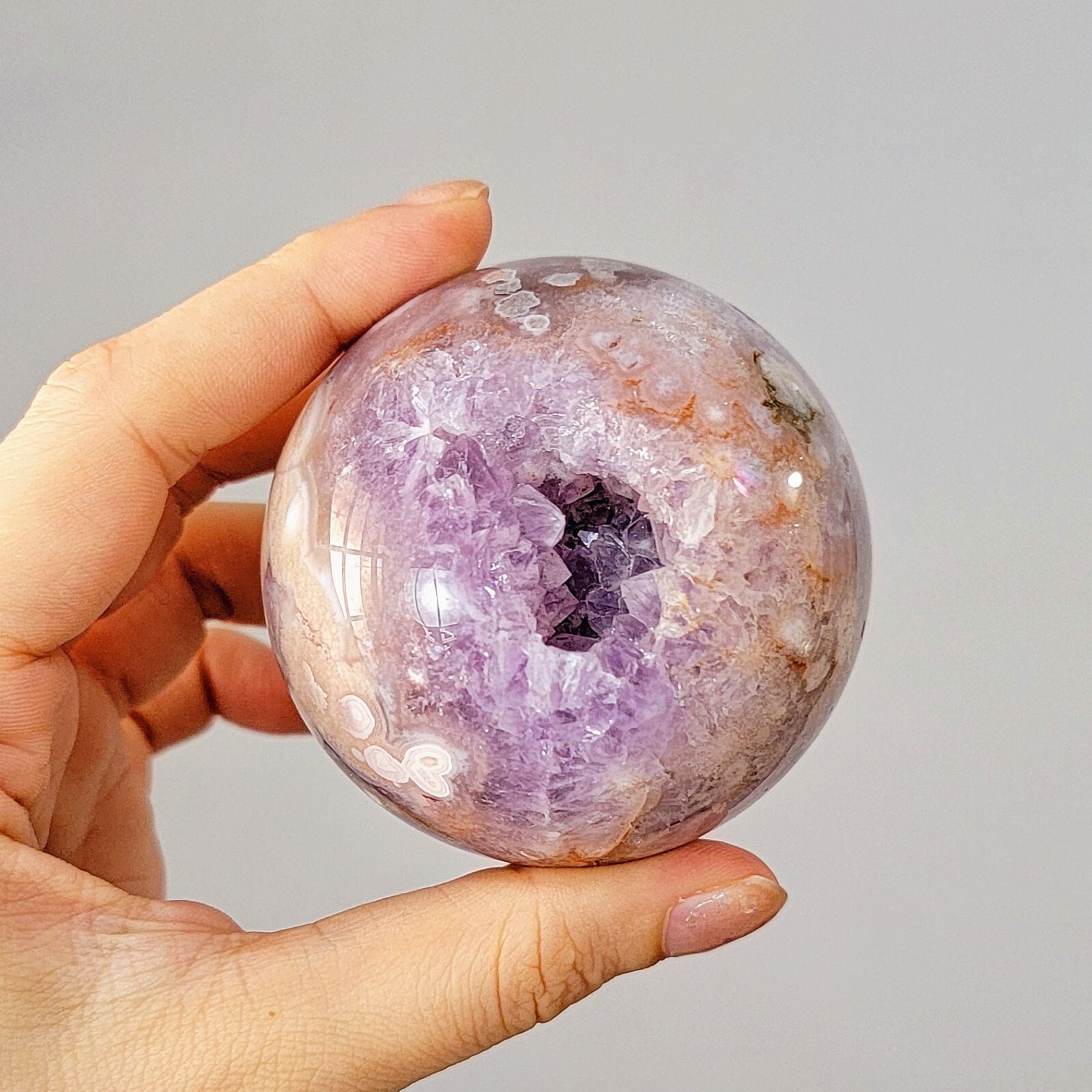 422G SAKURA FLOWER AGATE CRYSTAL SPHERE W/ AMETHYST GEODE RARE MINERALS & STONES