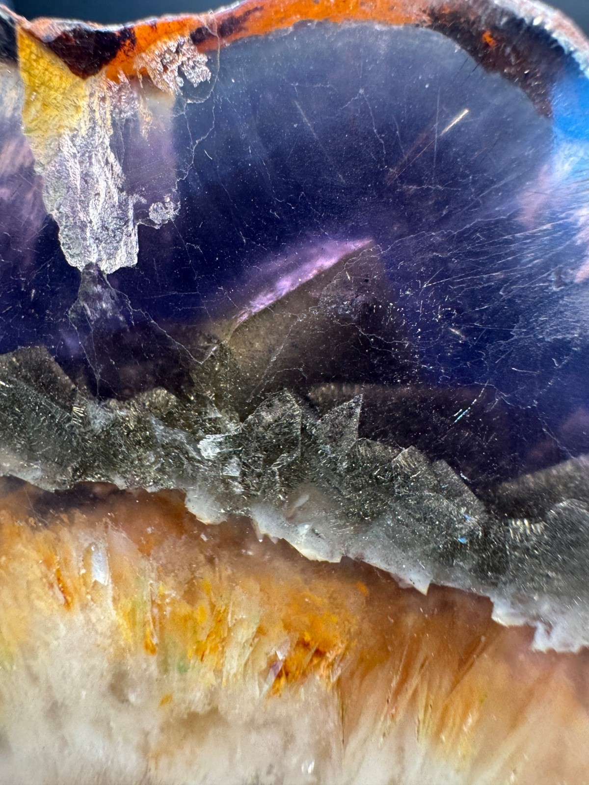 6317 Fluorite, Rutile, Barite, and Feather Polished Slab 164g Zhe Jiang