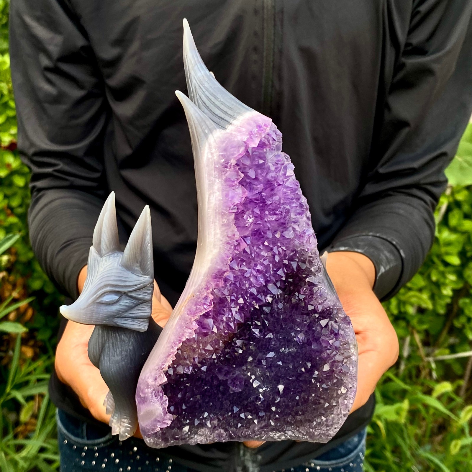 2.62LB Natural Agate Geode Hand Carved Nine-tailed Fox Quartz Crystal Decor