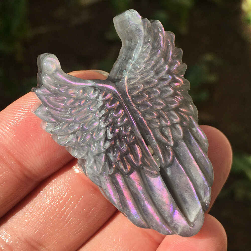 1PCS Natural Purple Labradorite Quartz Hand carved Wing Crystal Reiki healing##