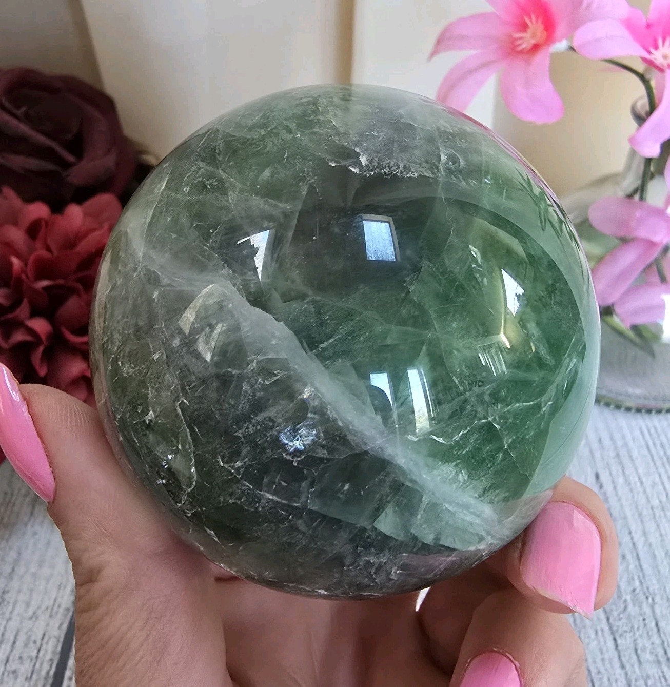 69mm Natural Green Rainbow Fluorite Crystal Sphere Orb (FF)