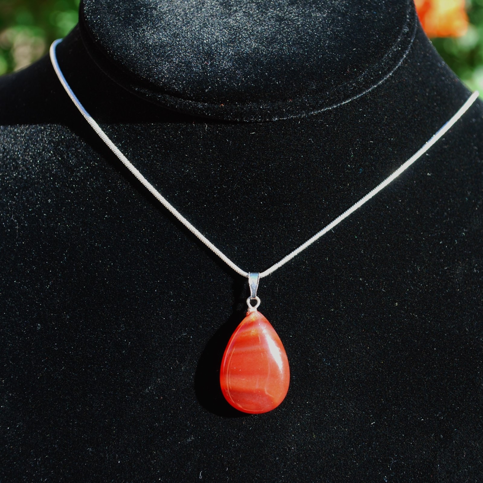 Charged Carnelian Agate Teardrop Pendant + 20″ Stainless Steel Chain & Charger