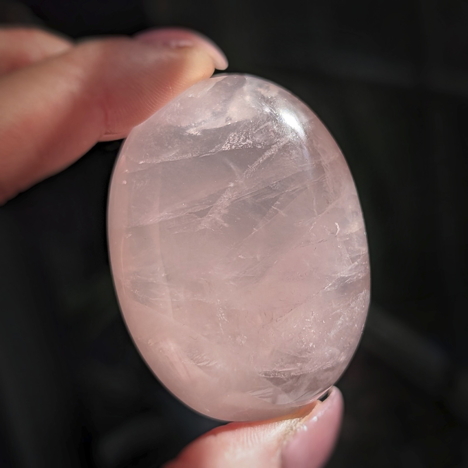 2″ shimmery rose quartz palmstone with asterism, star rose quartz palm crystal