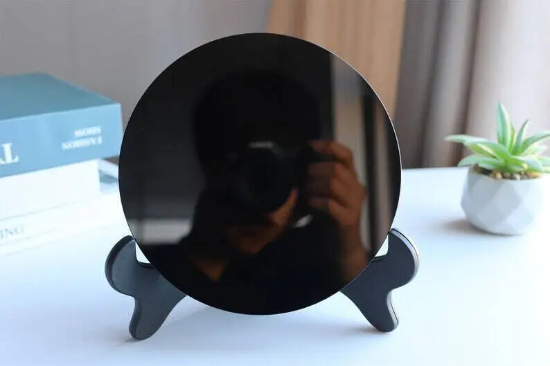 Natural Mexican Obsidian Mirror Disc Reiki Fengshui Home Decoration Gift+ Stand