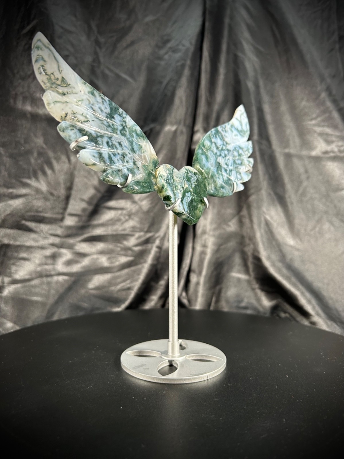 7″ Wingspan Moss Agate Heart/Wings Set With Metal Stand 4.5oz Crystal Weight