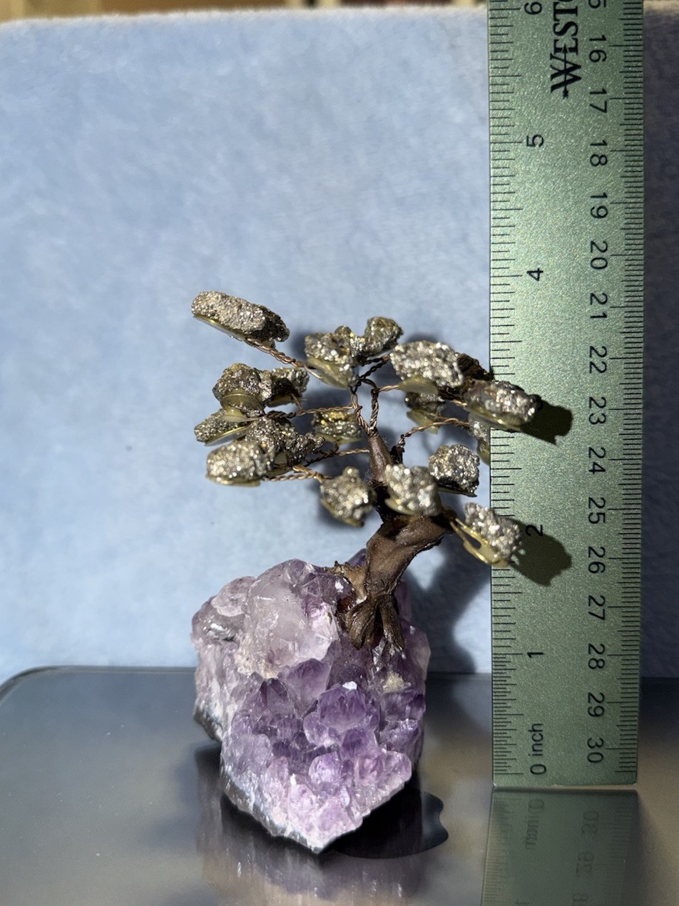 Amethyst cluster base with pyrite leafs tree authentic stone hand made in Brazil