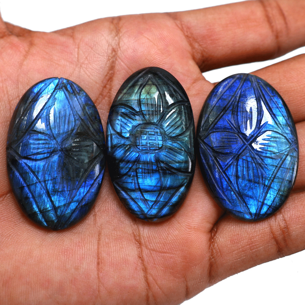 3 Pcs Natural Blue Fire Labradorite Collectible Floral Carved Crystal Palmstones