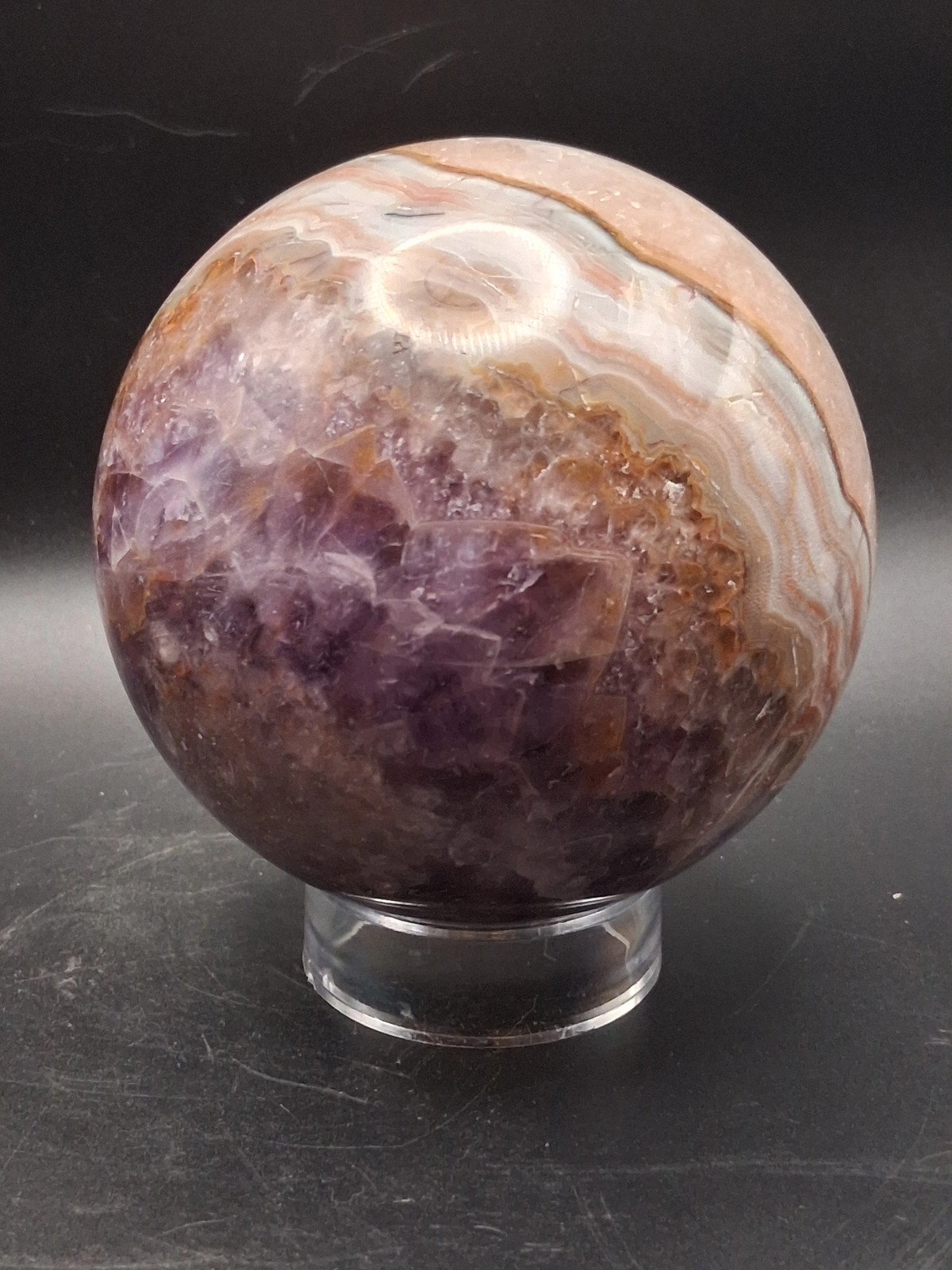 Large amethyst lace agate sphere! 89.6mm, 3.5″, 2.3 pounds