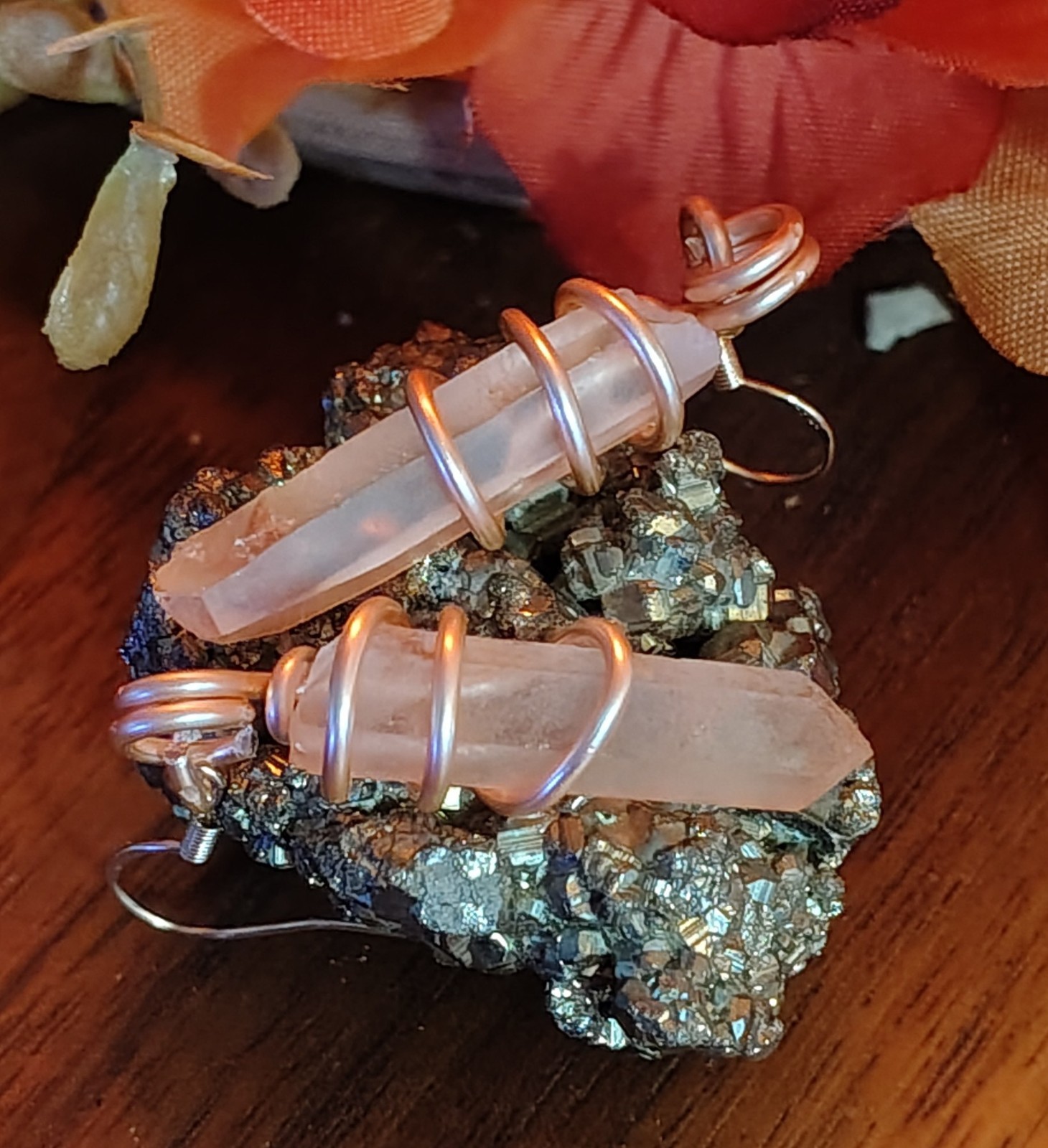 “Blush Star” PINK Lemurian Starseed Quartz & Rose Gold Copper Earring Set