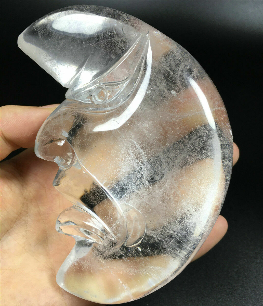 Hand carved! Natural Clear Quartz Crystal Carving moon Skull Healing 456g