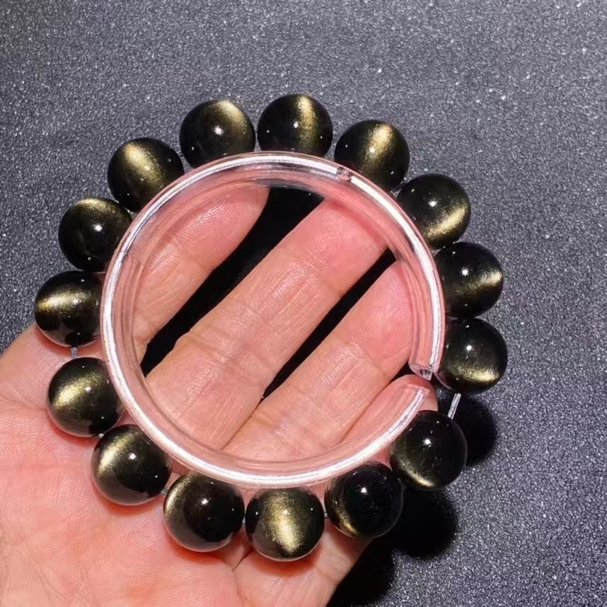 14mm Natural Gold Obsidian Gemstone Flash Man Round Beads Bracelet AAAAA