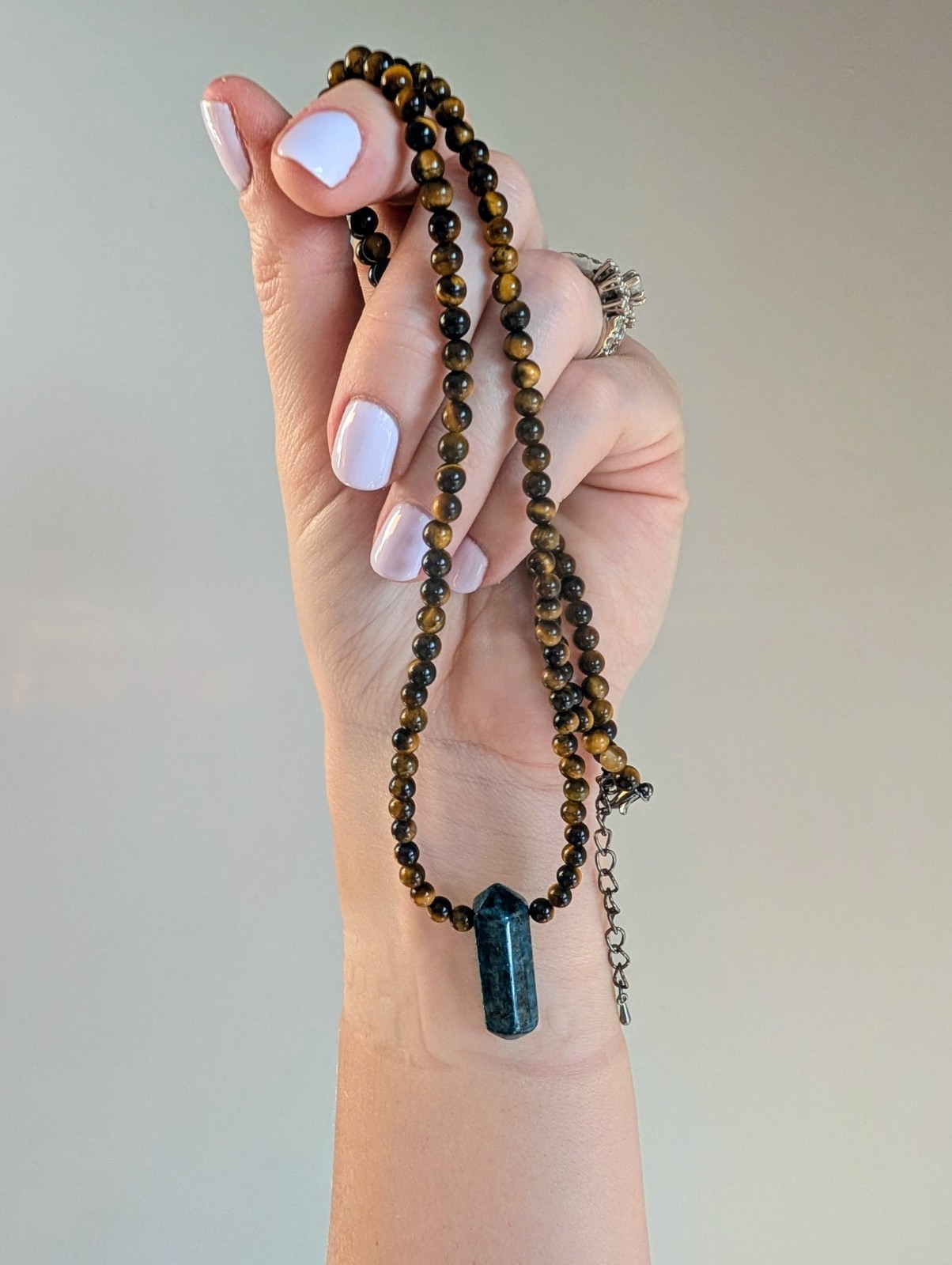Blue Apatite Necklace With Tigers Eye Gemstone Beads Adjustable 22 Inch