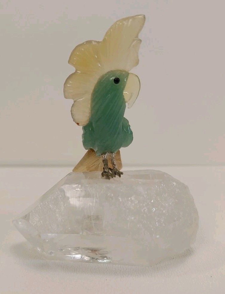 VTG Bird Figurine Jade & Quartz Stone Cockatoo Carving Handmade Brazil Gemstone