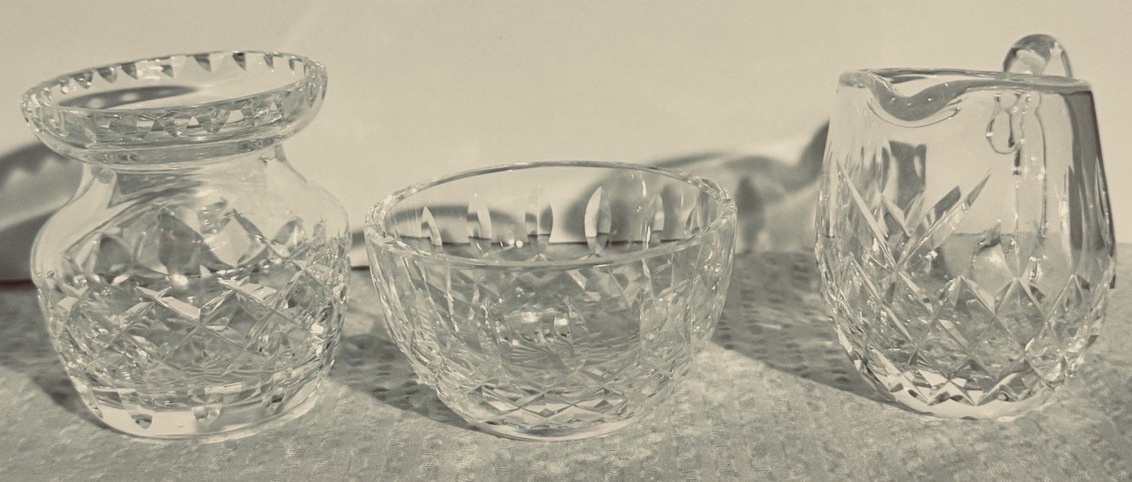 Vintage Mini Cut Crystal Creamer Sugar Bowl & Rose Bowl Set Diamond Sawtooth 3Pc