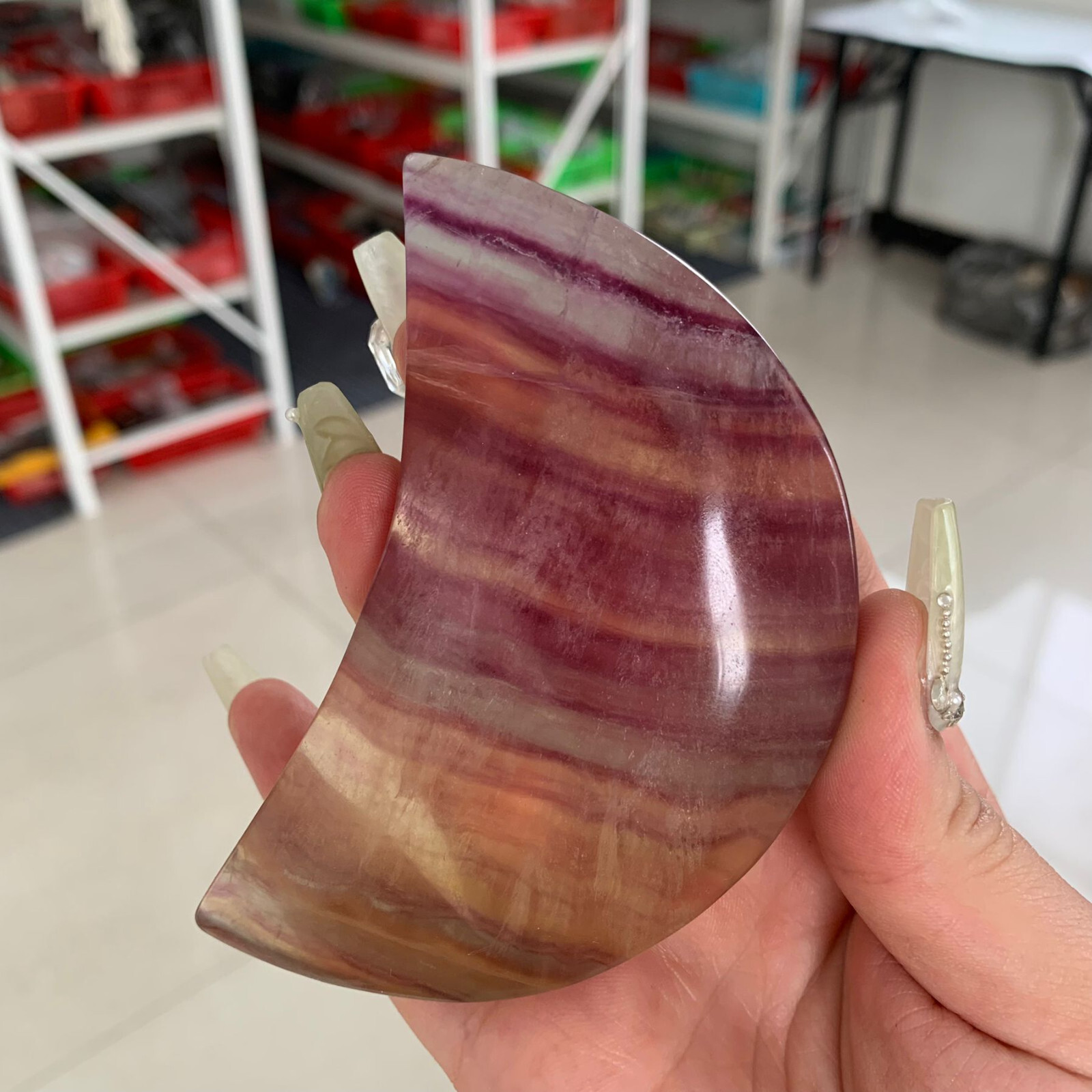 231g Candy Rainbow Fluorite Moon With Stand Crystal Energy Modern Home Decor