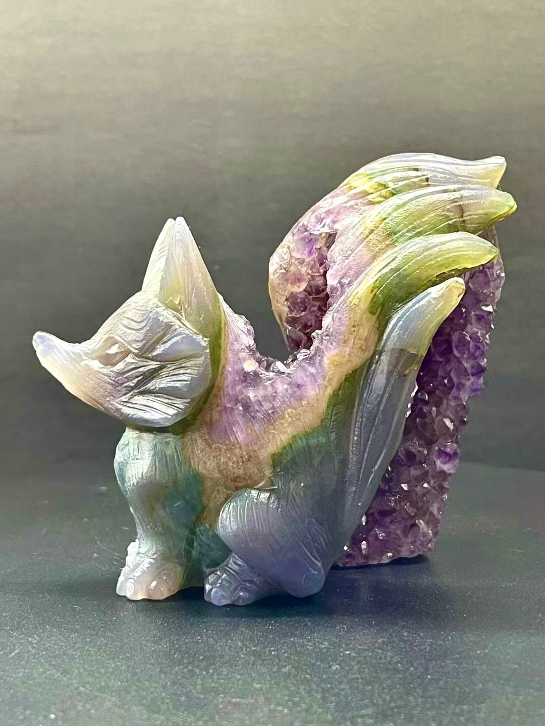 4.0” Natural agate Amethyst Geode Hand Carved Nine-tailed Fox Quartz Crystal