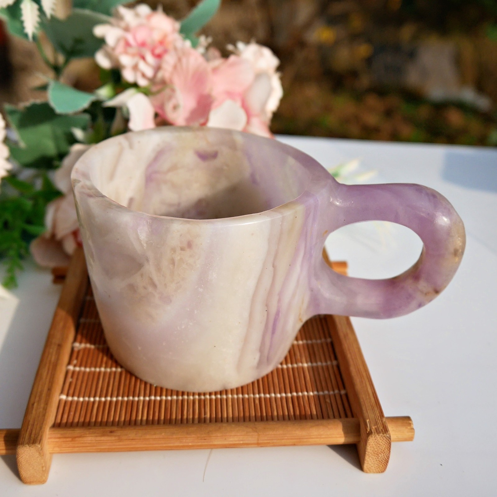 4.8″ Silk Banded Fluorite Cup Crystal Healing Bowl Meditation Gems Carved Decor