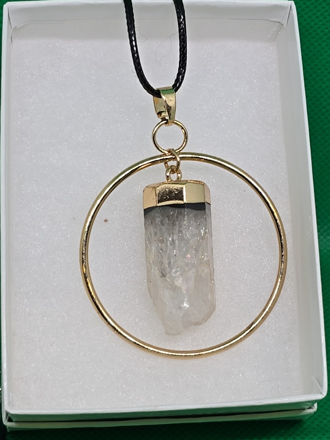 Large Clear Quartz Rainbow Faceted Point Part Circle Pendant Necklace 18″L