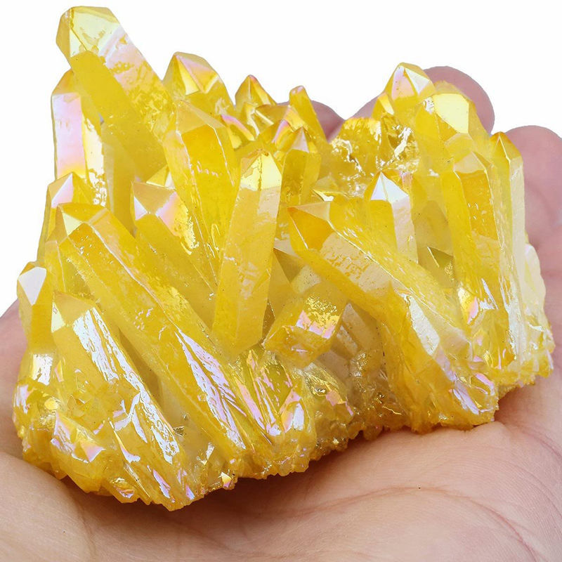Large Natural Aura Yellow Titanium Rough Rock Stone Quartz Crystal Cluster Decor